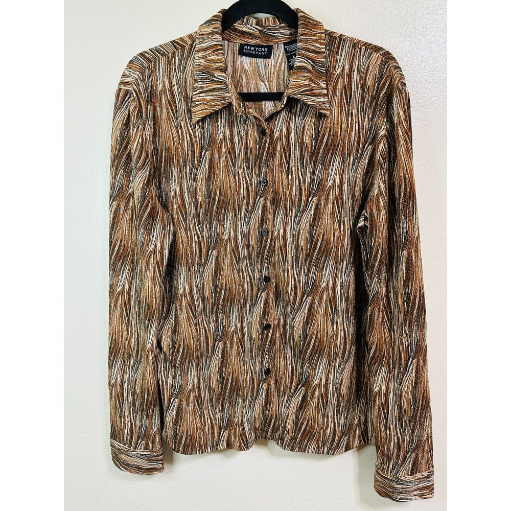 New York & Company Metallic Stretchy Career Button Up Blouse, Size L